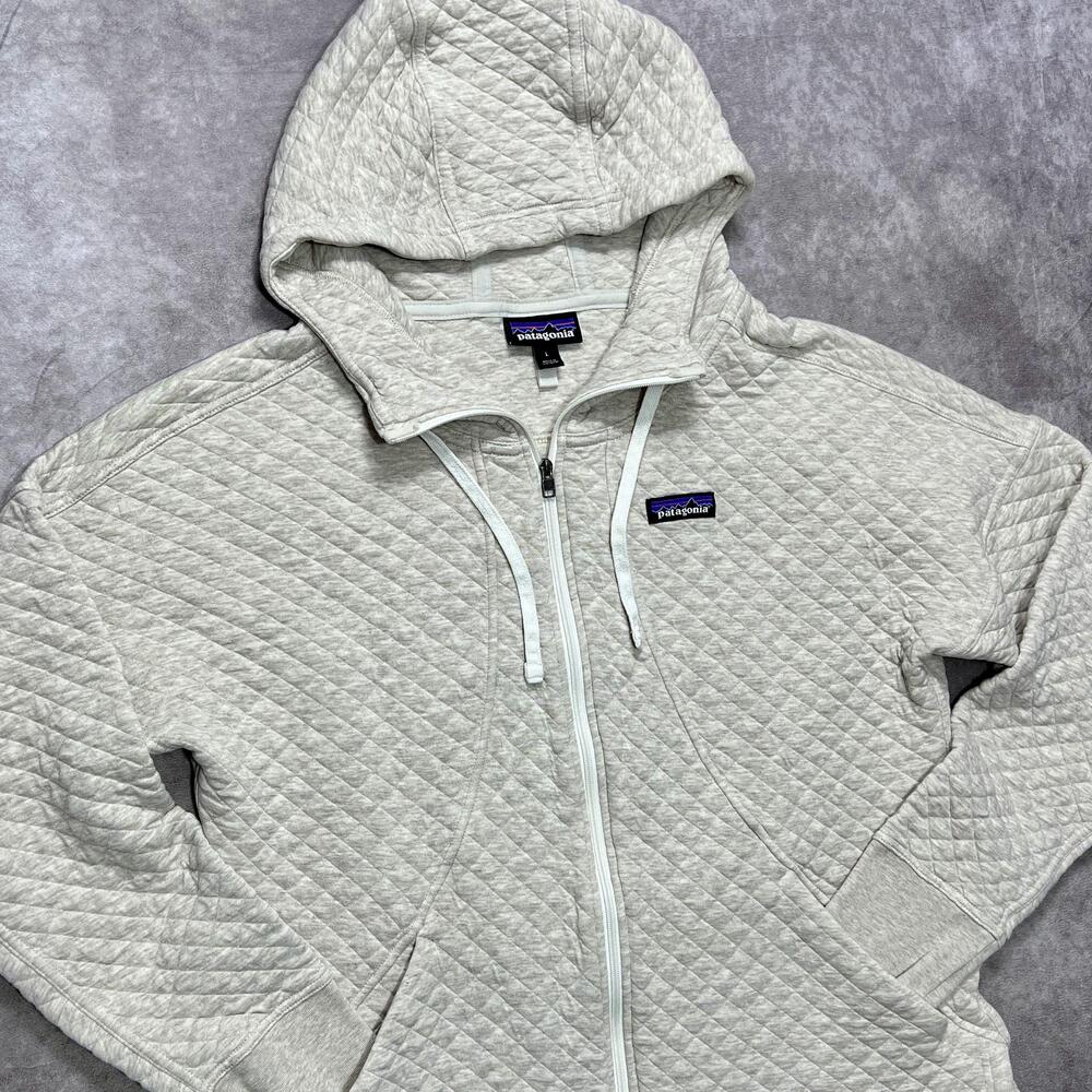 Patagonia Organic Cotton Quilt Hoodie Womens Large Birch White Full Zip Long Hem